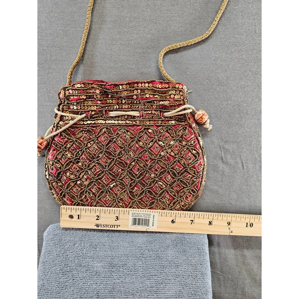 Vintage Red Beaded Sequin Potli Bag Gold Drawstring Crossbody Evening Pouch